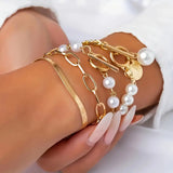 Chic Gold 4-Piece Bracelet Set β Snake, Pearls & Links | Gold